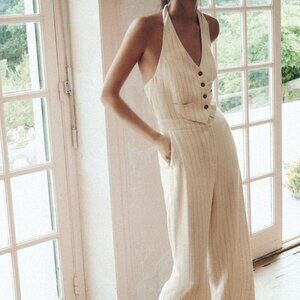 Monteau Halter Striped wide leg Jumpsuit with Pockets Small With Tags